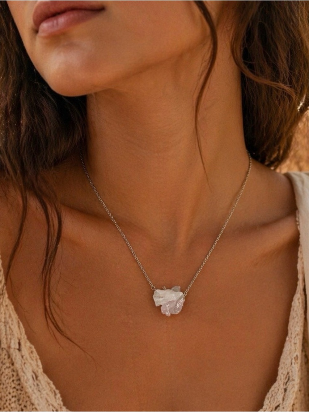 Gold Necklace with Raw Pink Rose Quartz and Clear Crystal Pendant